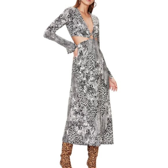 AFRM Dresses & Skirts - AFRM Lola Leopard Print Cutout Long Sleeve Midi Dress Gray Black Size X-Small